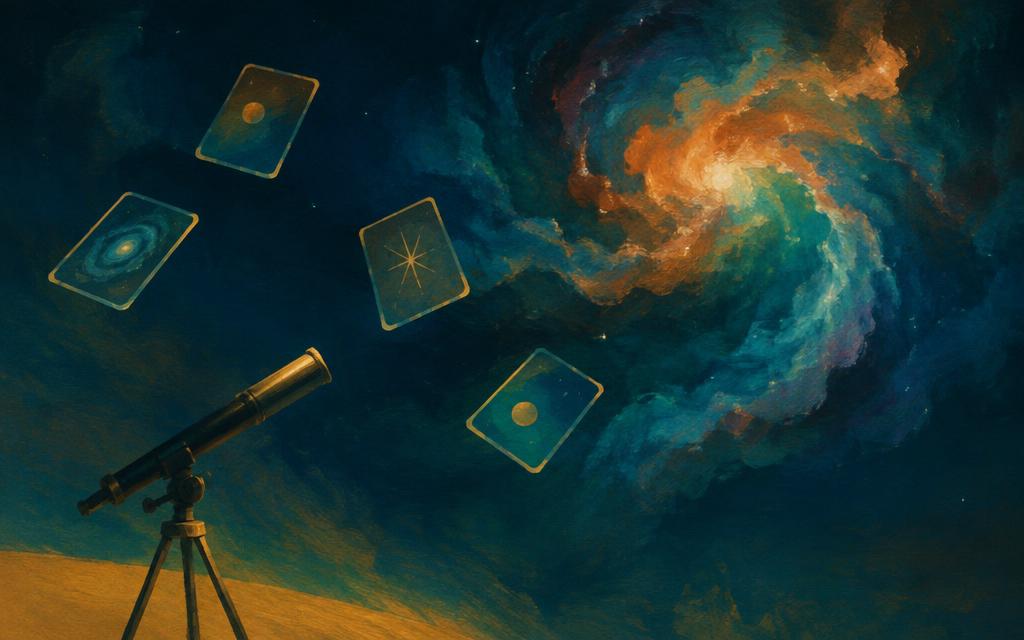 Discovery cards about space science spread across a desk